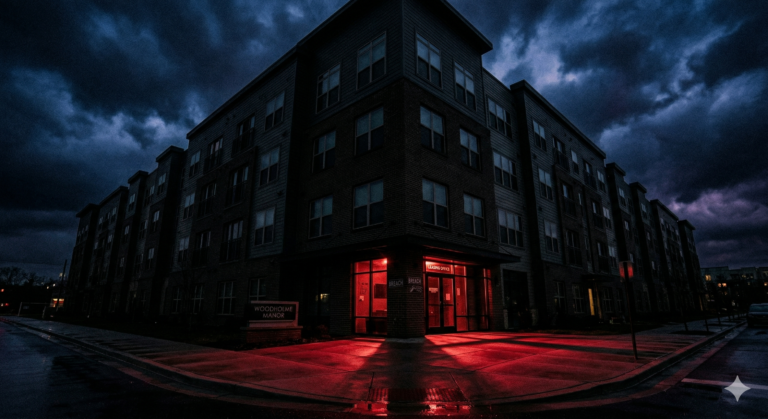 A low-angle, atmospheric wide shot of a modern 2010s-era apartment complex (Woodholme Manor) at 3:00 AM. The building is a silhouette against a dark, stormy Maryland sky. Most windows are dark, but the leasing office on the ground floor is illuminated by a single, flickering red security light, casting a bloody glow across the sidewalk.